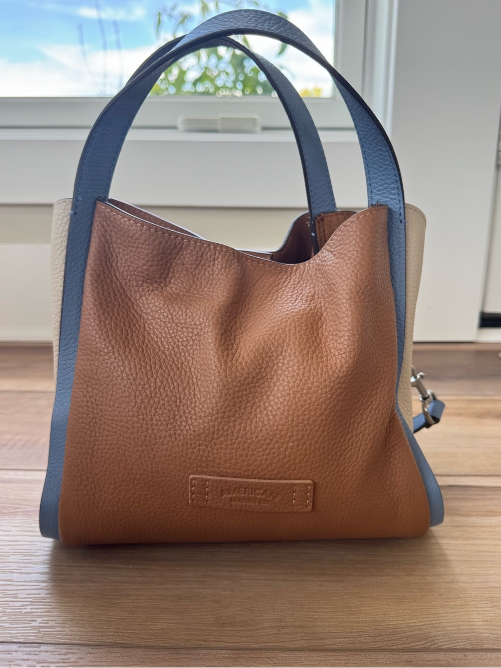 American Leather Co Pebbled Leather Triple-Panel Tote in Brown, Blue and Cream